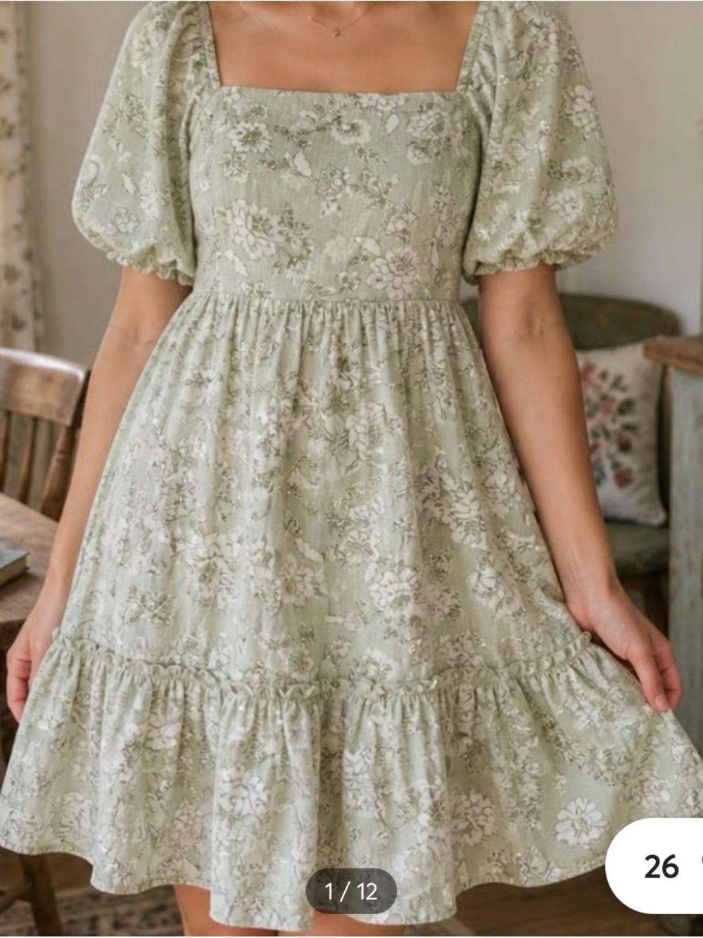 Blu Pepper Floral Square-Neck Puff Sleeve Dress - Sage Green